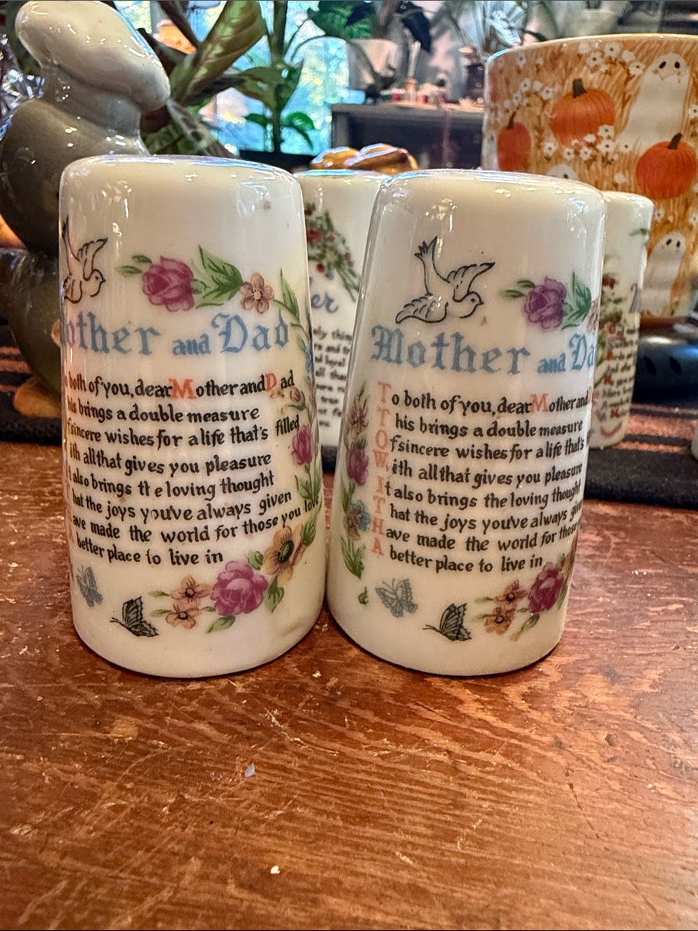 Mother and Dad Floral Salt and Pepper Shakers - White with Pink Roses